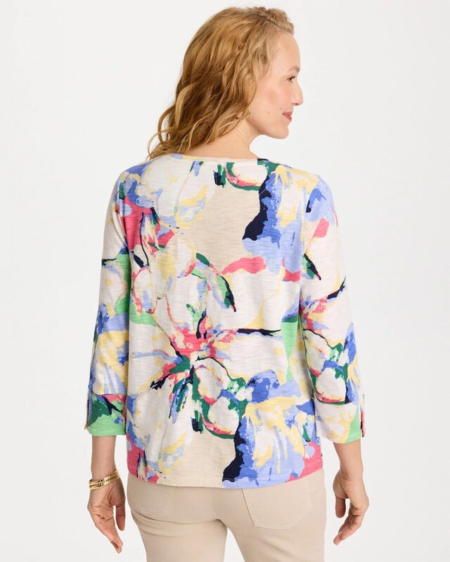 Printed Cotton Slub 3/4 Sleeve Button Tee - image 3
